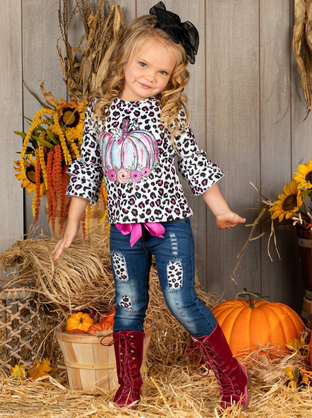 Pastel Pumpkin Leopard Patched Jeans Set