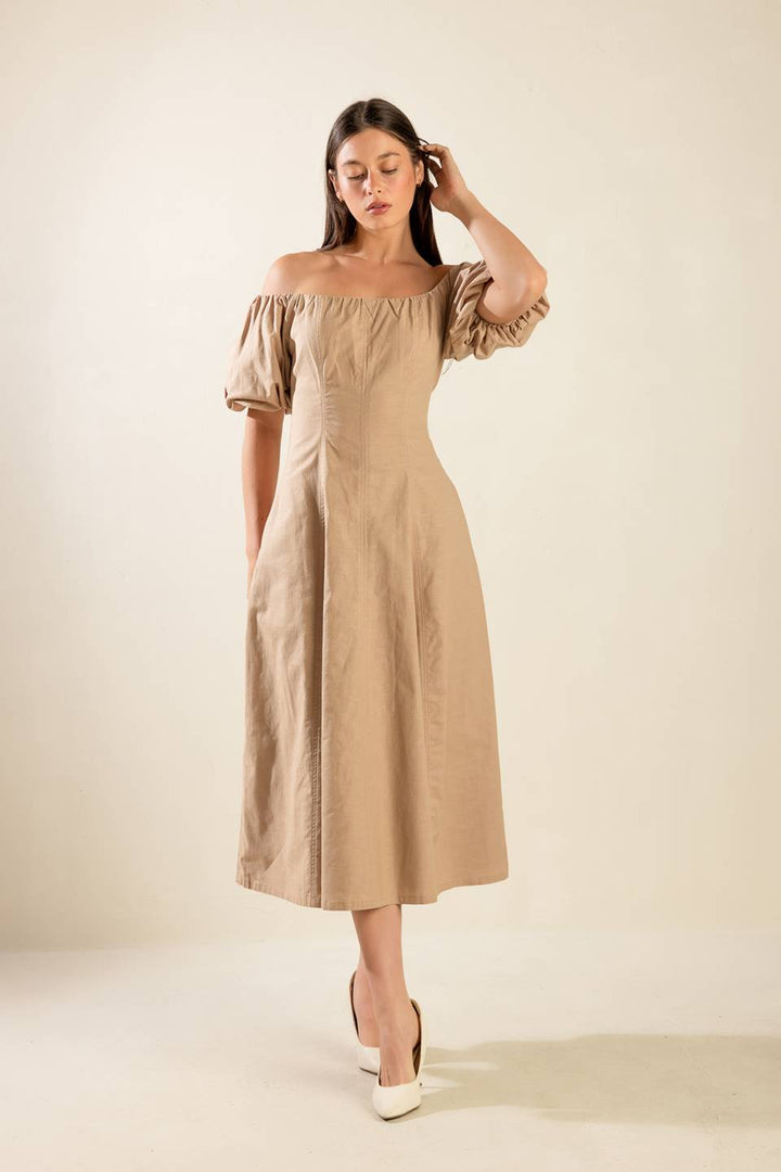 PROTECTING MY PEACE TAUPE WOVEN MIDI DRESS