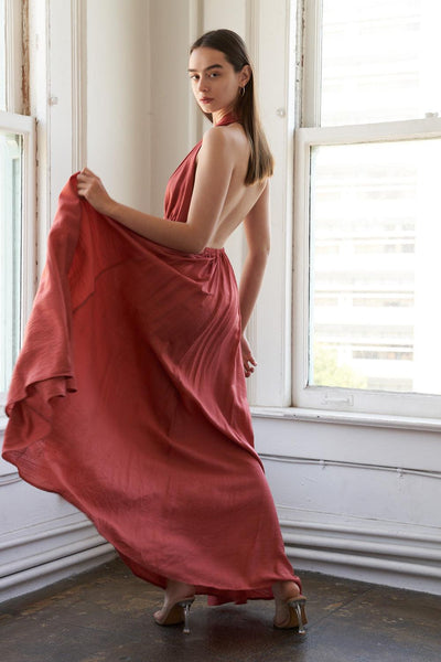 Rust woven maxi dress with open back, side view.