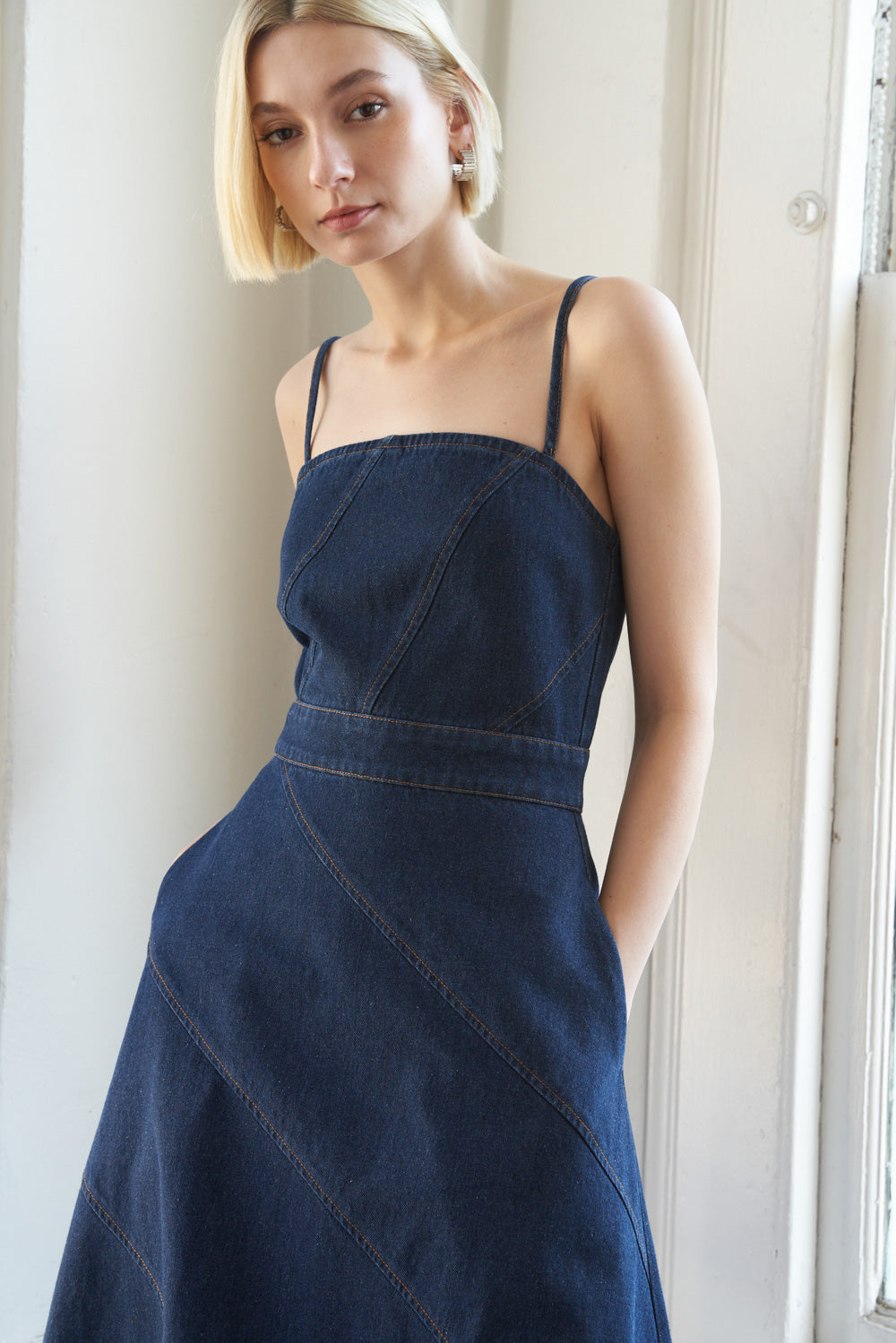 Front detail of Amalfi Coast denim midi dress