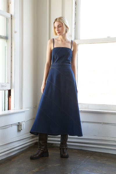 Front view of Amalfi Coast denim midi dress