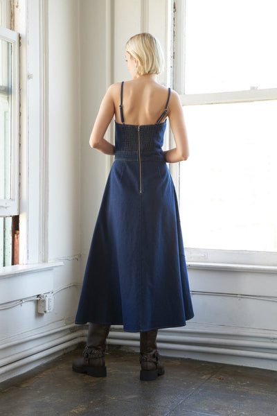 Back view of Amalfi Coast denim midi dress