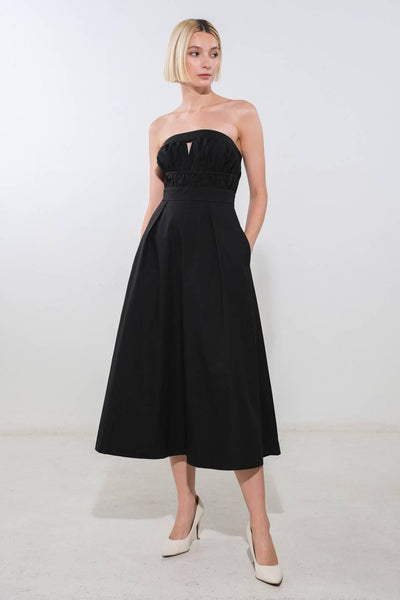 Black strapless woven midi dress with pockets