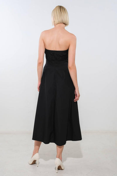 Back view of black strapless woven midi dress