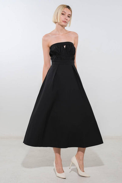 Front view of black strapless woven midi dress