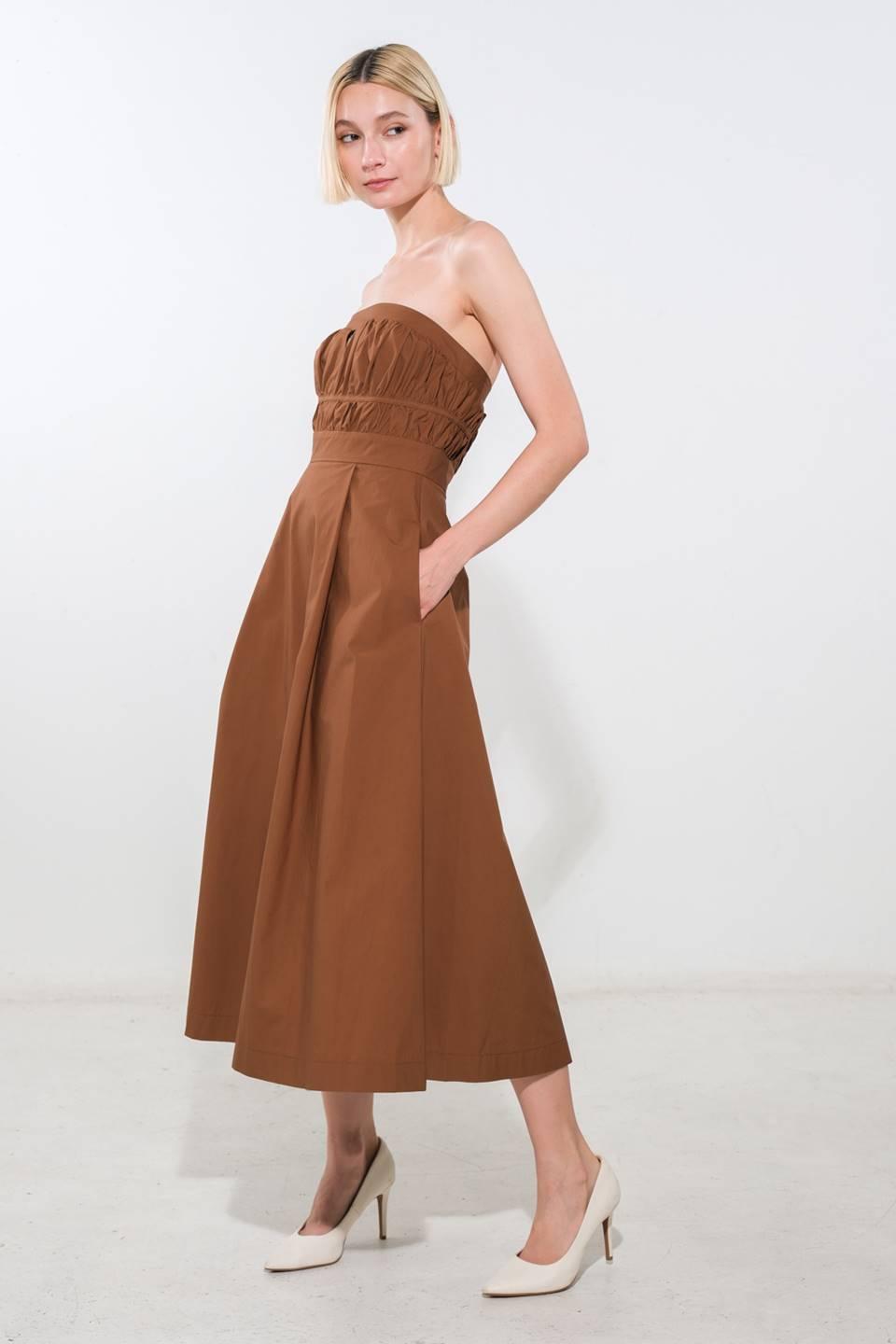 Brown strapless woven midi dress with side pockets