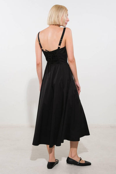 Black Oceanic Opulence woven midi dress, back view