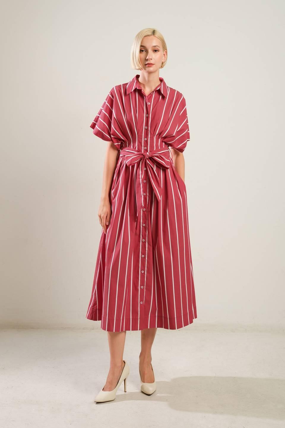 Front view of red striped woven midi dress with button detail