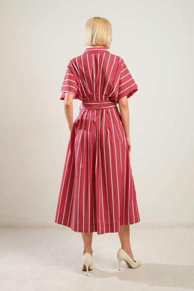 Back view of red striped woven midi dress with waist tie