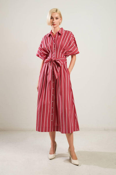 Red striped woven midi dress with button front and waist tie