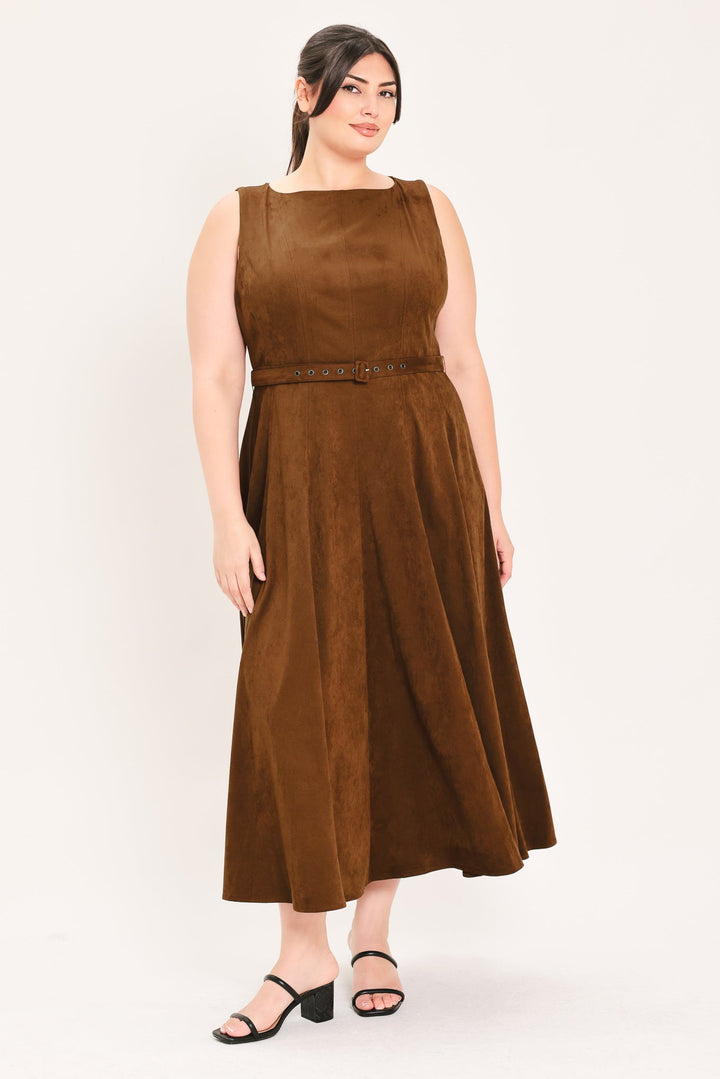 AMBER TOBACCO FAUX SUEDE MIDI DRESS