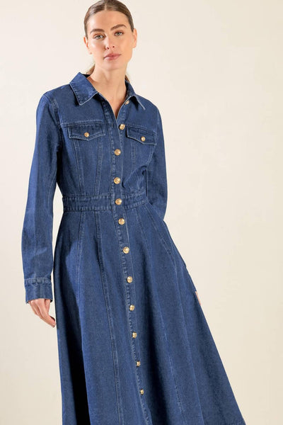 DRIFTING THOUGHTS DENIM MIDI DRESS