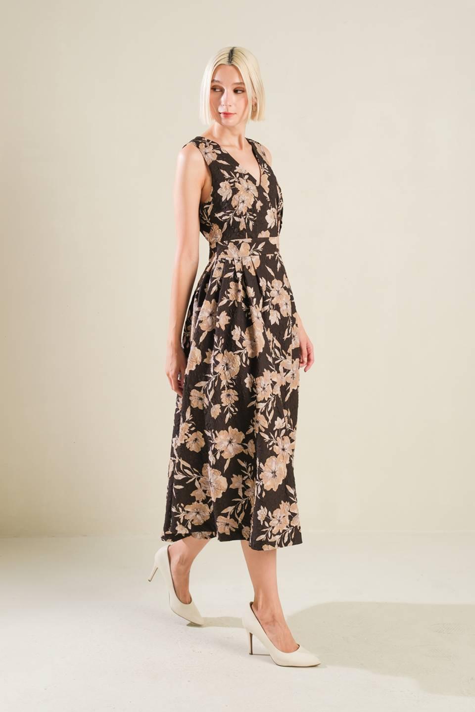 Side view of Ventura Vision woven midi dress, floral pattern