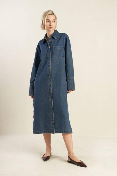 SEE THE END DENIM MIDI DRESS