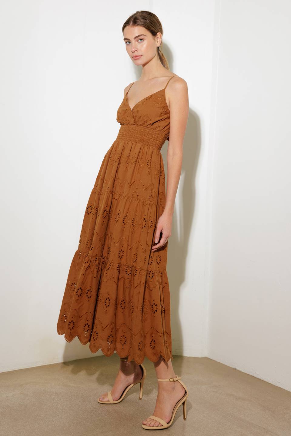 LUMINOUS BLISS WOVEN EYELET MIDI DRESS