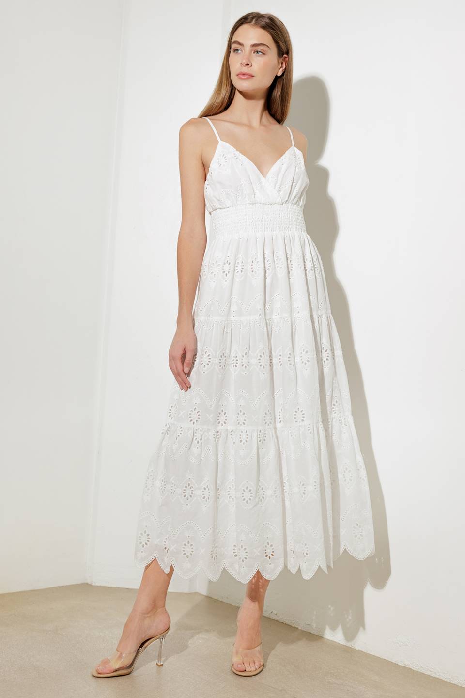 LUMINOUS BLISS WOVEN EYELET MIDI DRESS