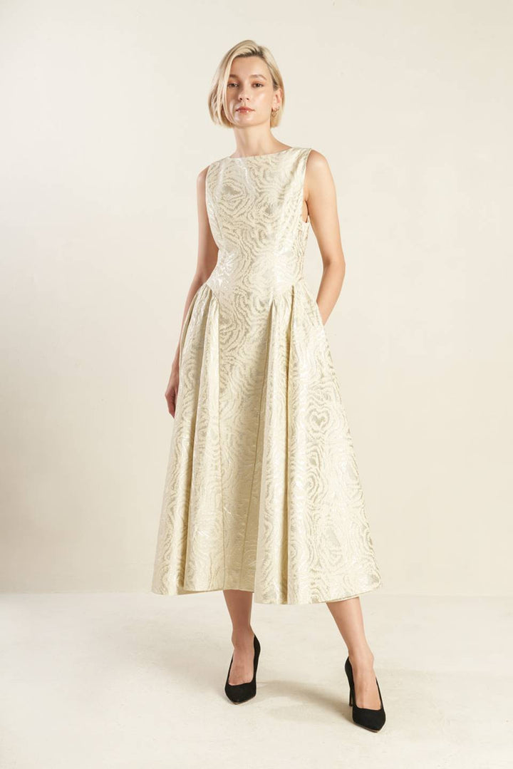 CHECK YOURSELF CHAMPAGNE WOVEN MIDI DRESS