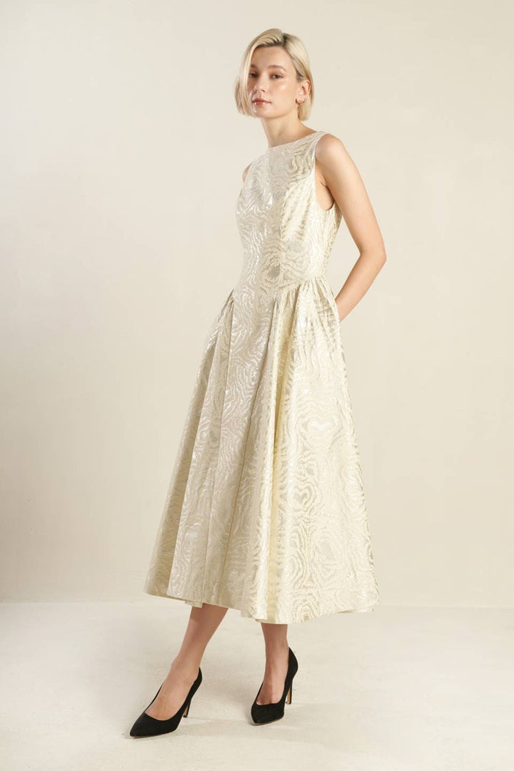 CHECK YOURSELF CHAMPAGNE WOVEN MIDI DRESS