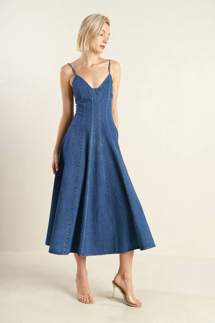 ROSEWOOD ROMANCE DENIM MIDI DRESS