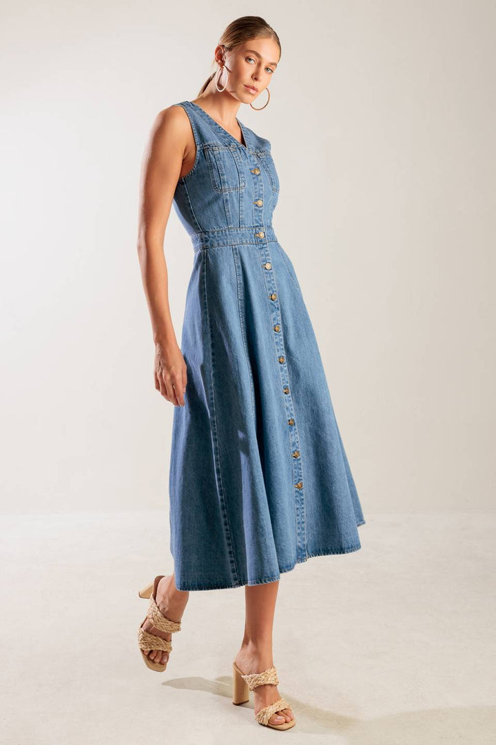 THE JOURNEY BEGINS BLUE DENIM MIDI DRESS