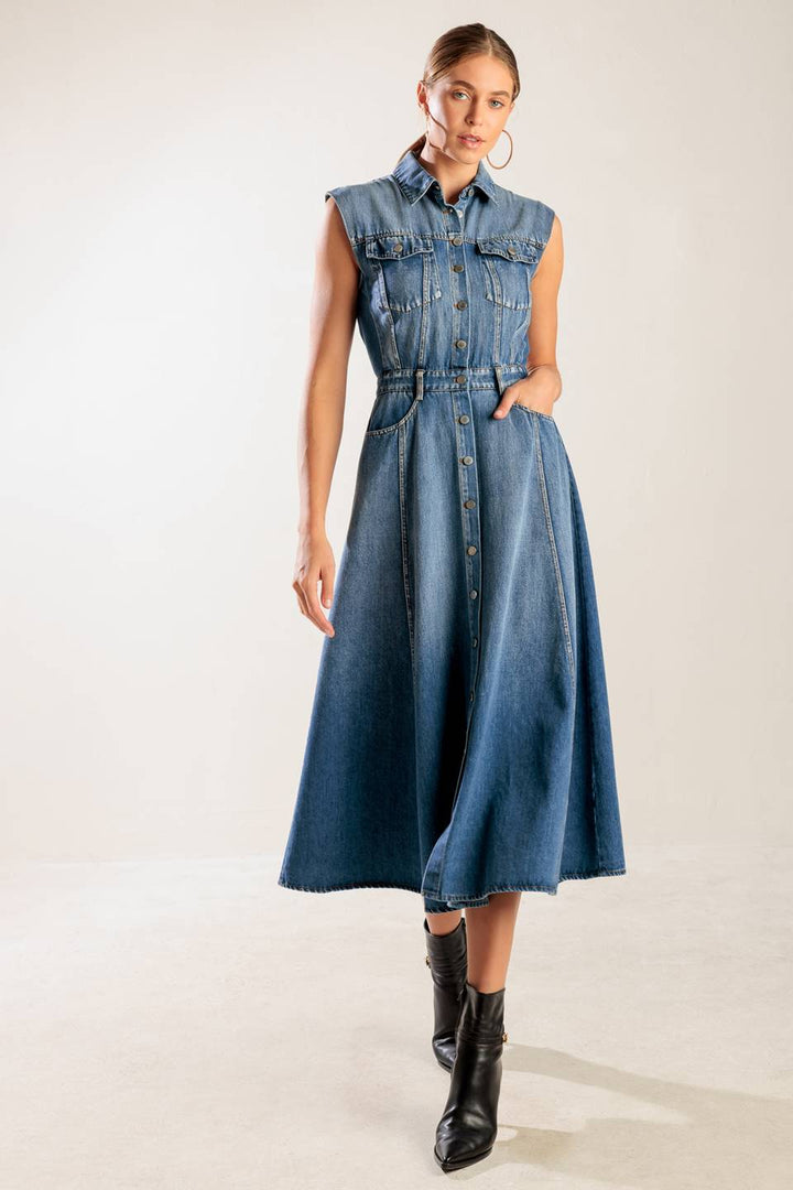 IN THE SAND SKY DENIM MIDI DRESS