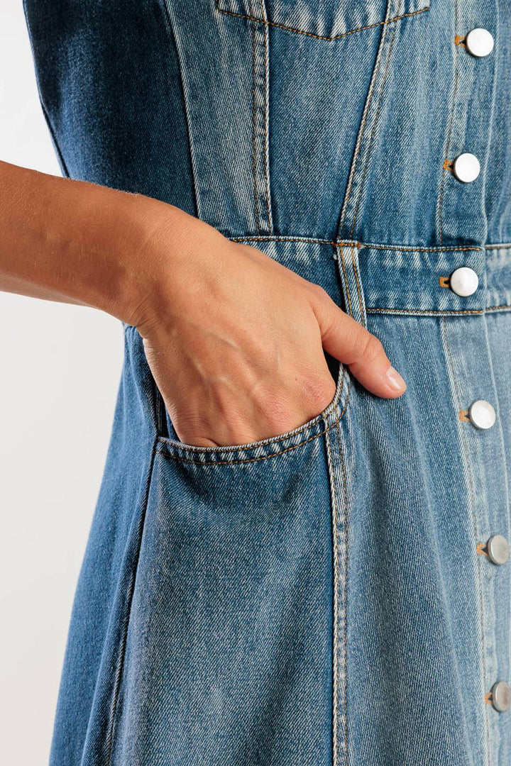 IN THE SAND SKY DENIM MIDI DRESS