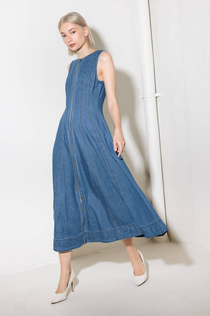 IRRESISTIBLY POISED DENIM MIDI DRESS