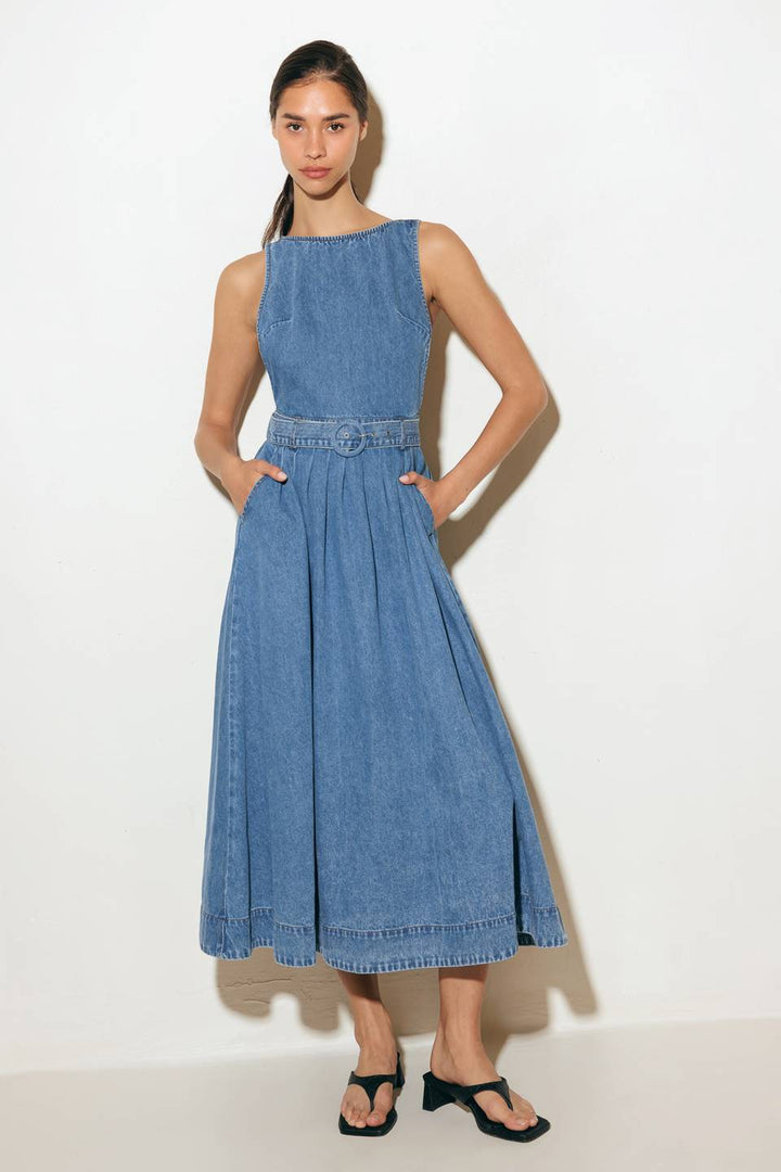 LAVENDER FIELDS DENIM MIDI DRESS