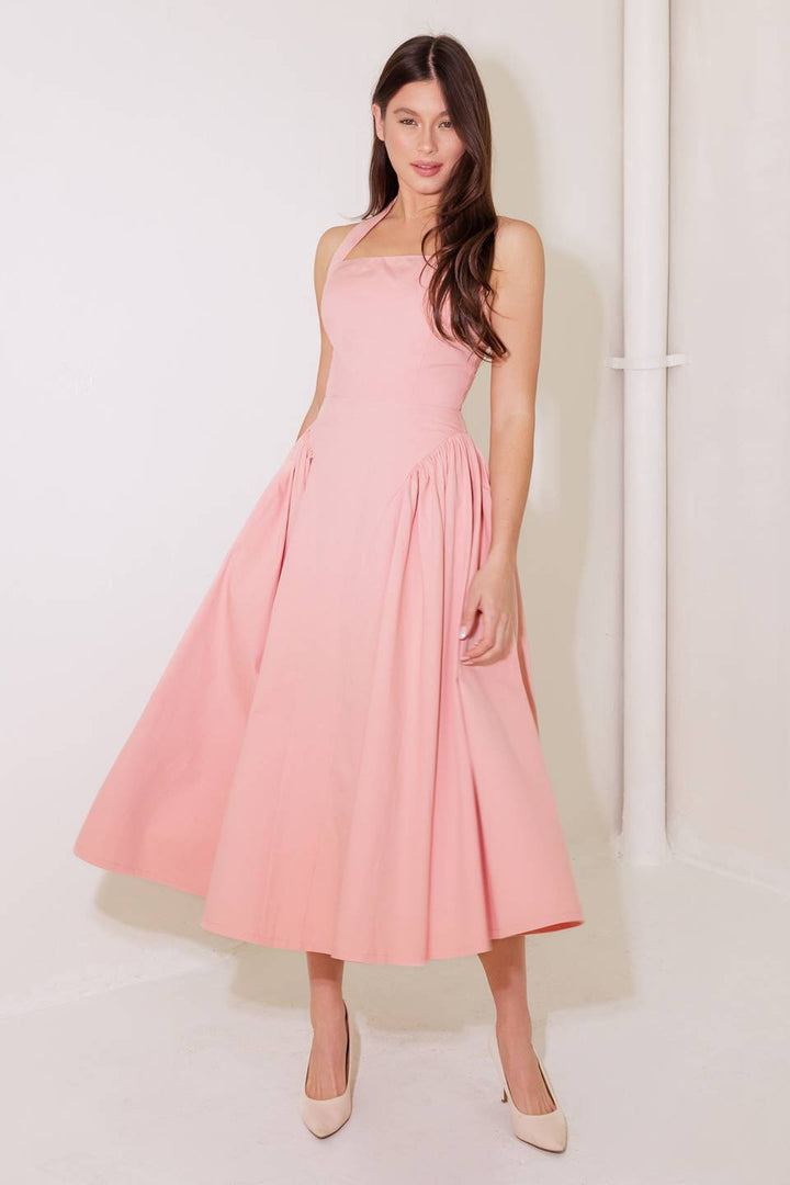 CAUGHT IN THE RAIN PINK WOVEN MIDI DRESS