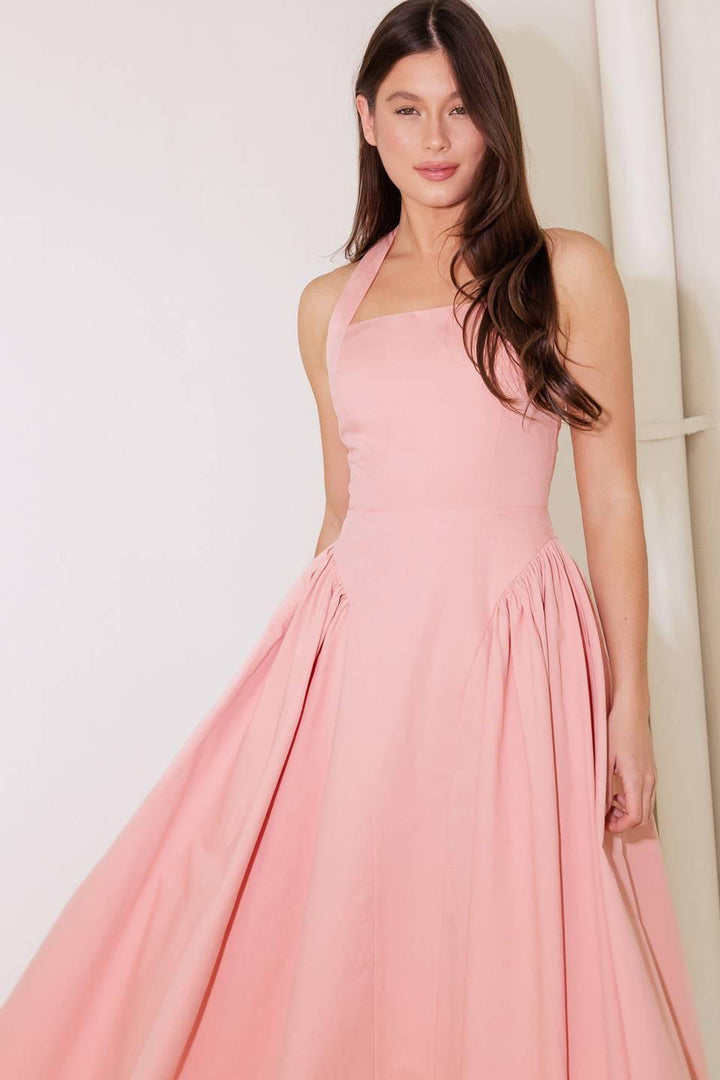 CAUGHT IN THE RAIN PINK WOVEN MIDI DRESS