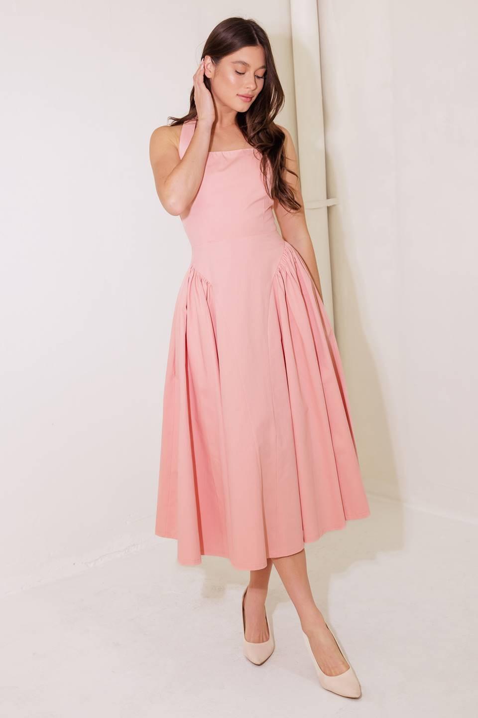 CAUGHT IN THE RAIN PINK WOVEN MIDI DRESS