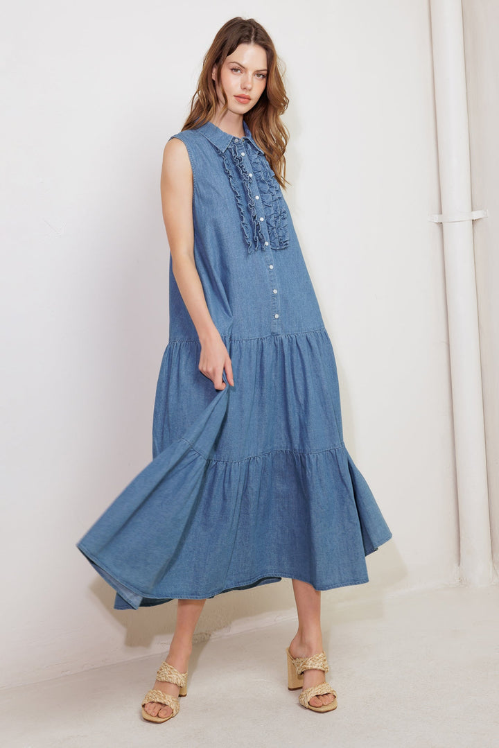 PETALS FALLING SLOWLY DENIM MIDI DRESS