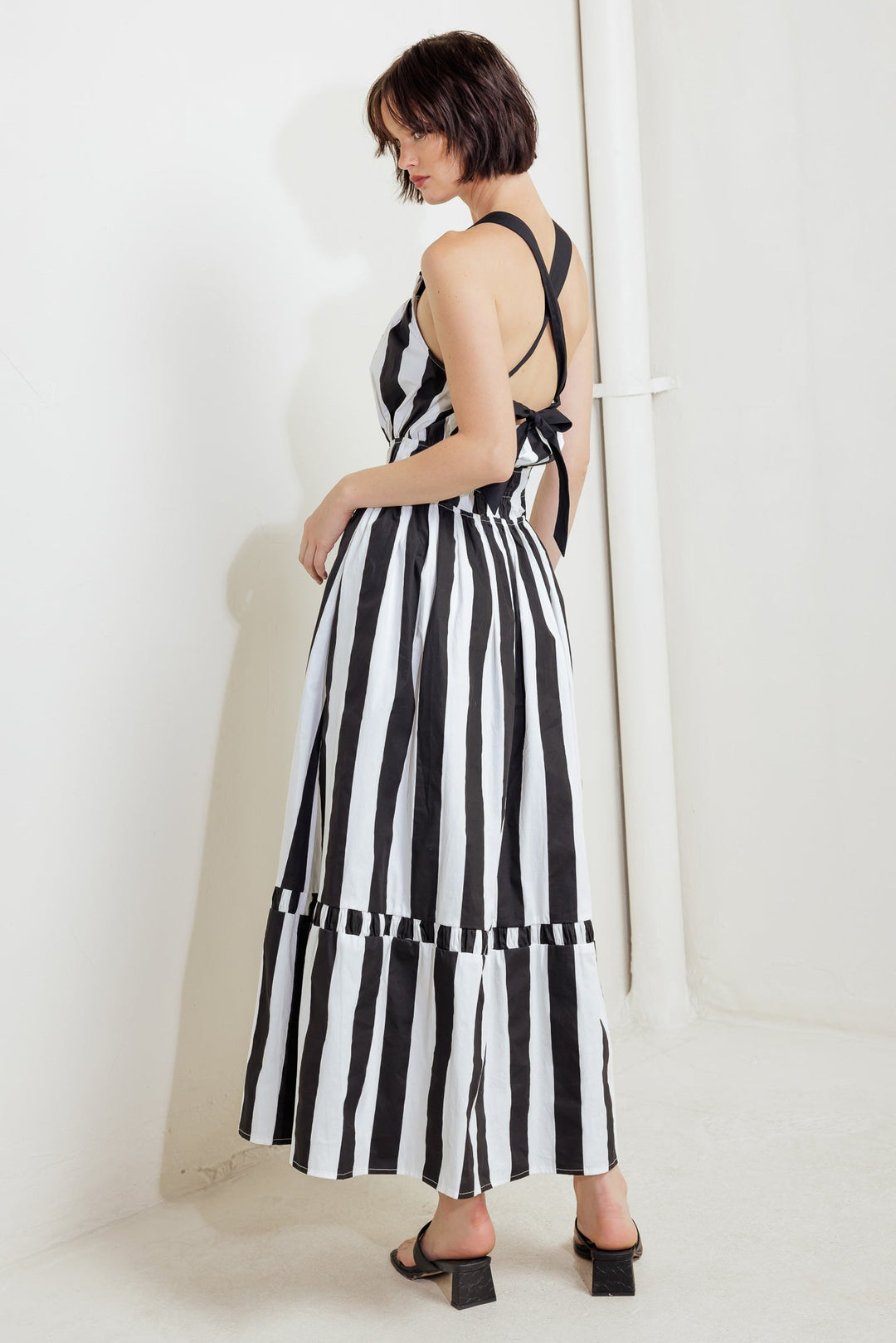 LUXE LINEAR STRIPED WOVEN MIDI DRESS