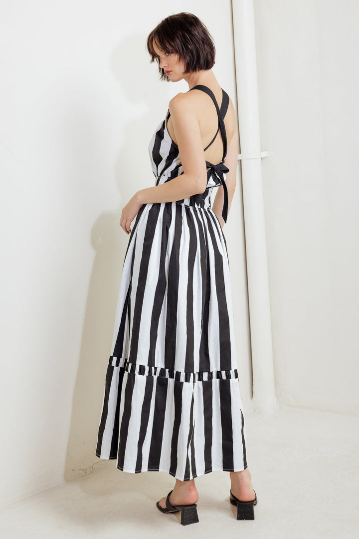 LUXE LINEAR STRIPED WOVEN MIDI DRESS