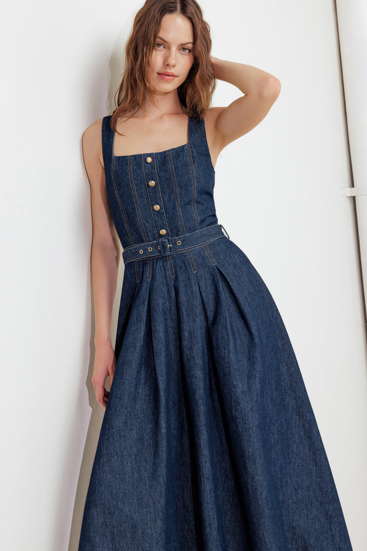 MOONLIGHT SERENADE DENIM MIDI DRESS