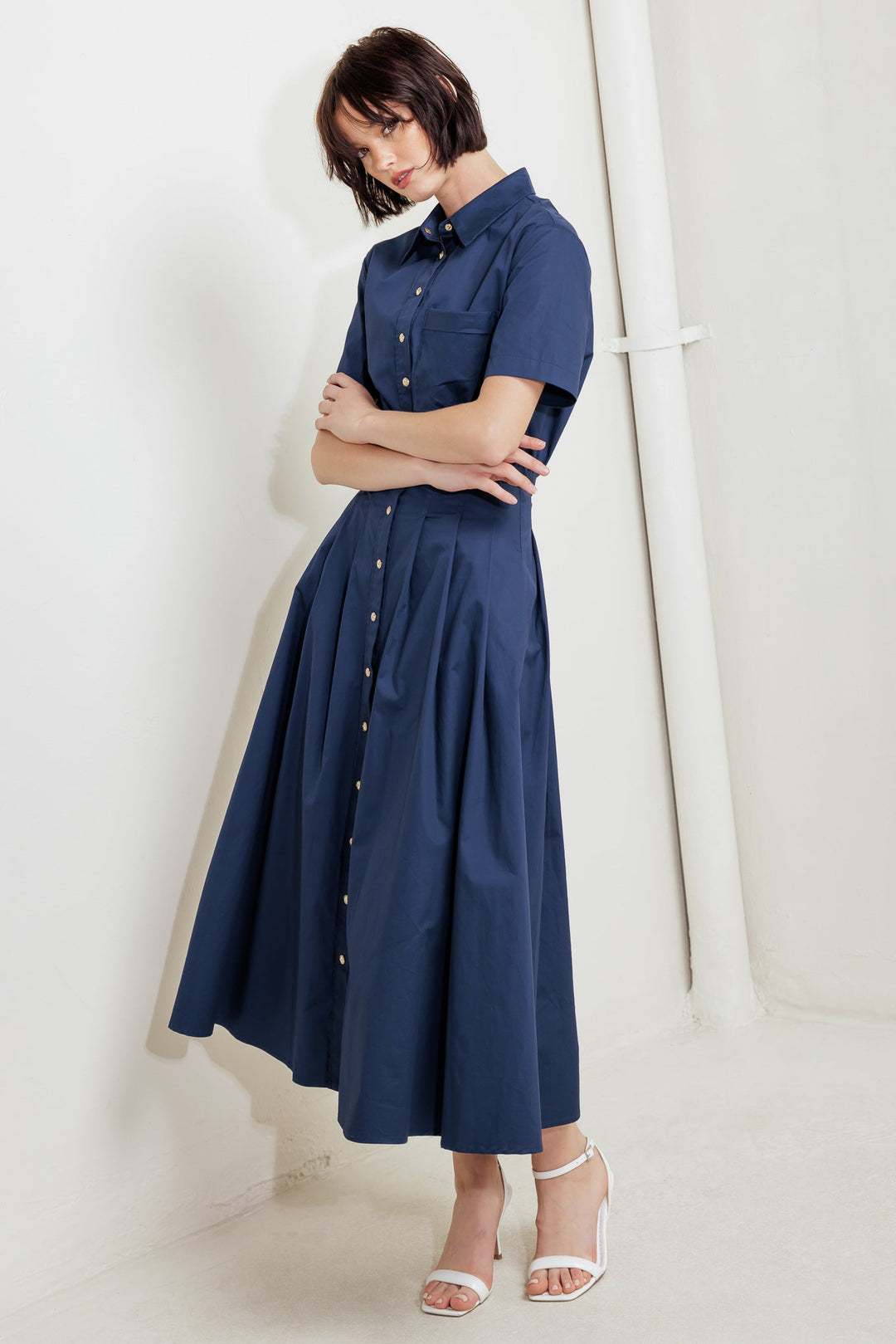 CINCHED COUTURE WOVEN MIDI DRESS