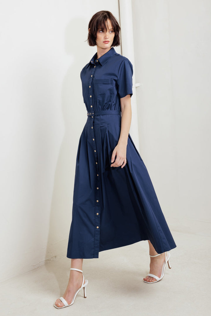 CINCHED COUTURE WOVEN MIDI DRESS