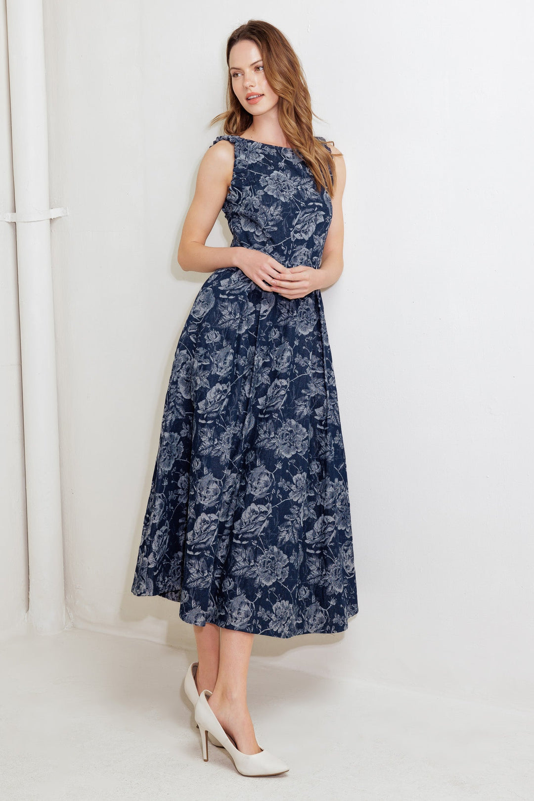 DUSK ROSE WOVEN DENIM MIDI DRESS