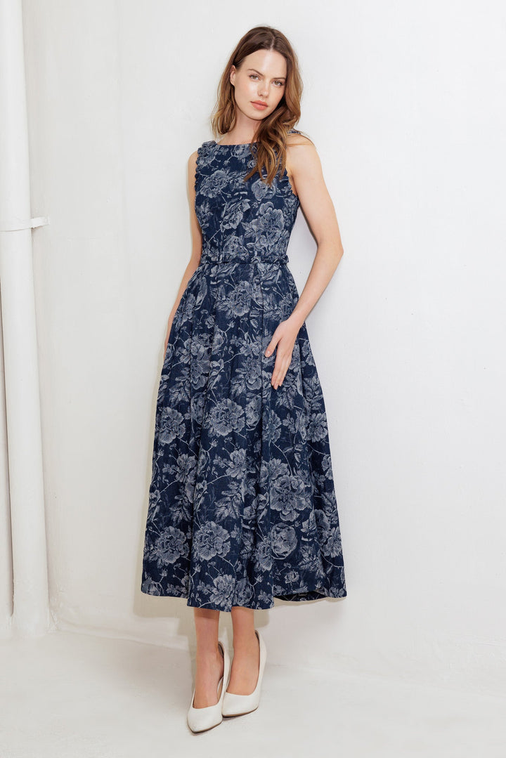 DUSK ROSE WOVEN DENIM MIDI DRESS