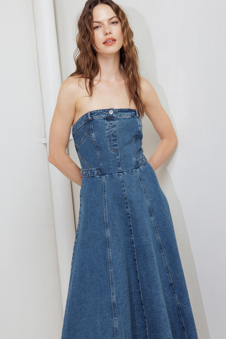 MIDNIGHT STRUCTURE DENIM MIDI DRESS