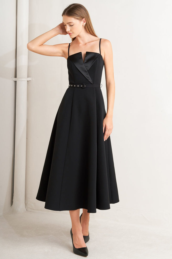 MIDNIGHT TUX WOVEN MIDI DRESS