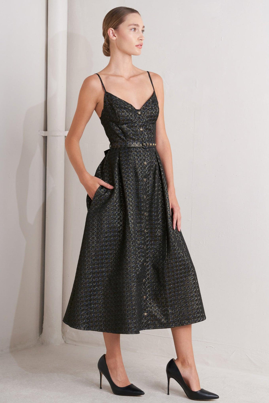 NOIR TAPESTRY WOVEN MIDI DRESS