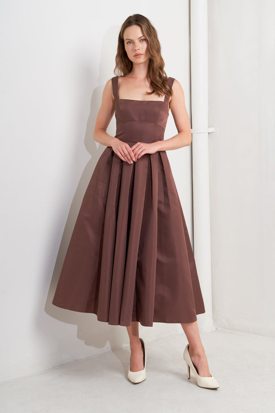 CHOCOLATE SYMPHONY WOVEN MIDI DRESS
