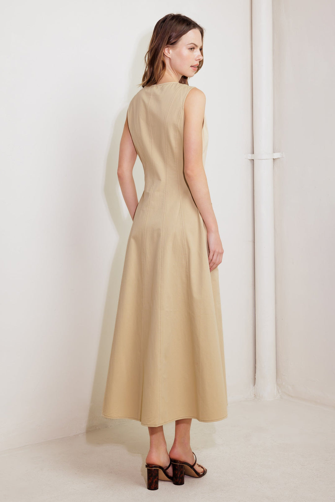 NATURE’S GENTLE SONG BEIGE WOVEN MIDI DRESS
