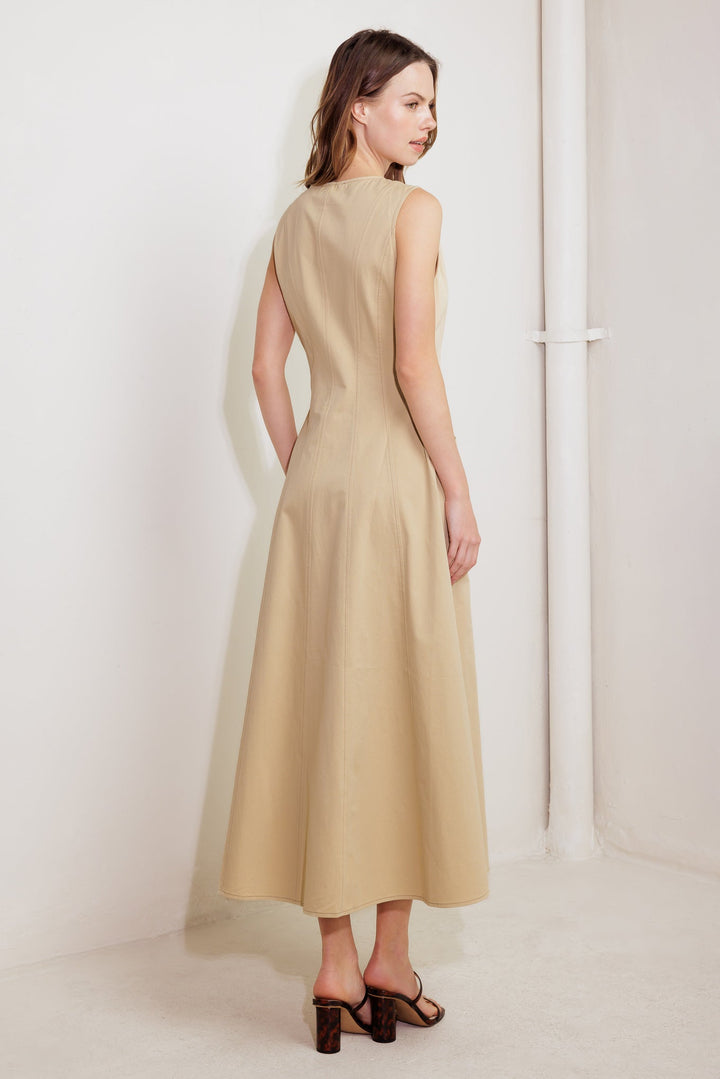 NATURE’S GENTLE SONG BEIGE WOVEN MIDI DRESS