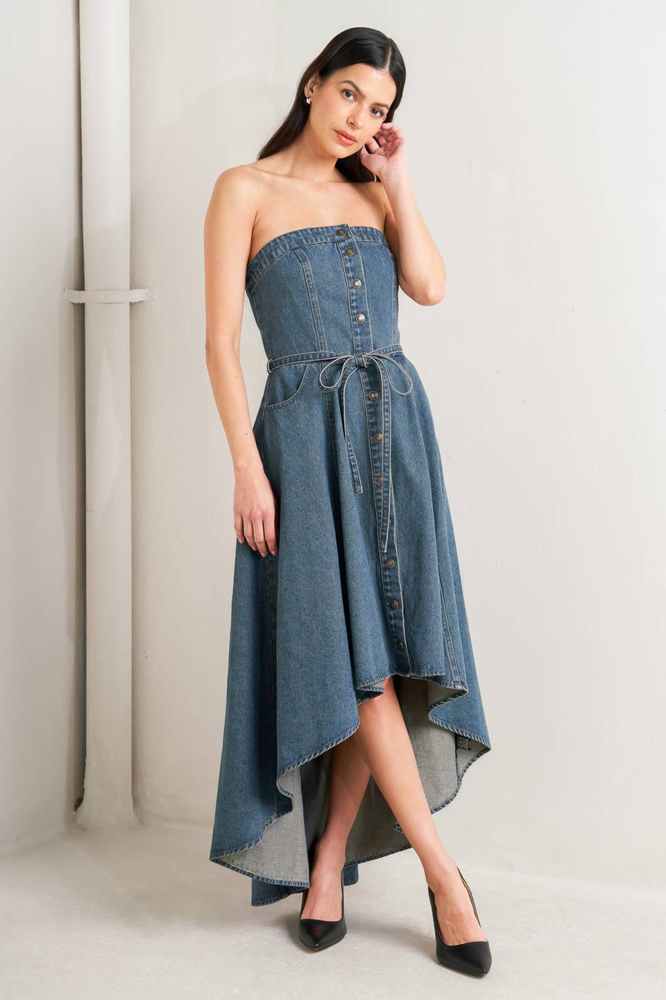 MIDNIGHT VOLUME DENIM MIDI DRESS