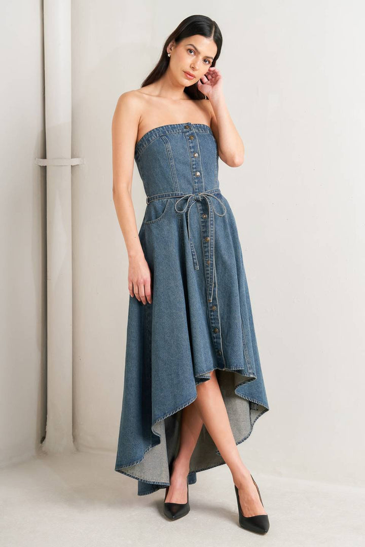 MIDNIGHT VOLUME DENIM MIDI DRESS