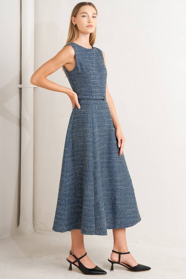 VINTAGE VIBE BOUCLÉ WOVEN TWEED MIDI DRESS