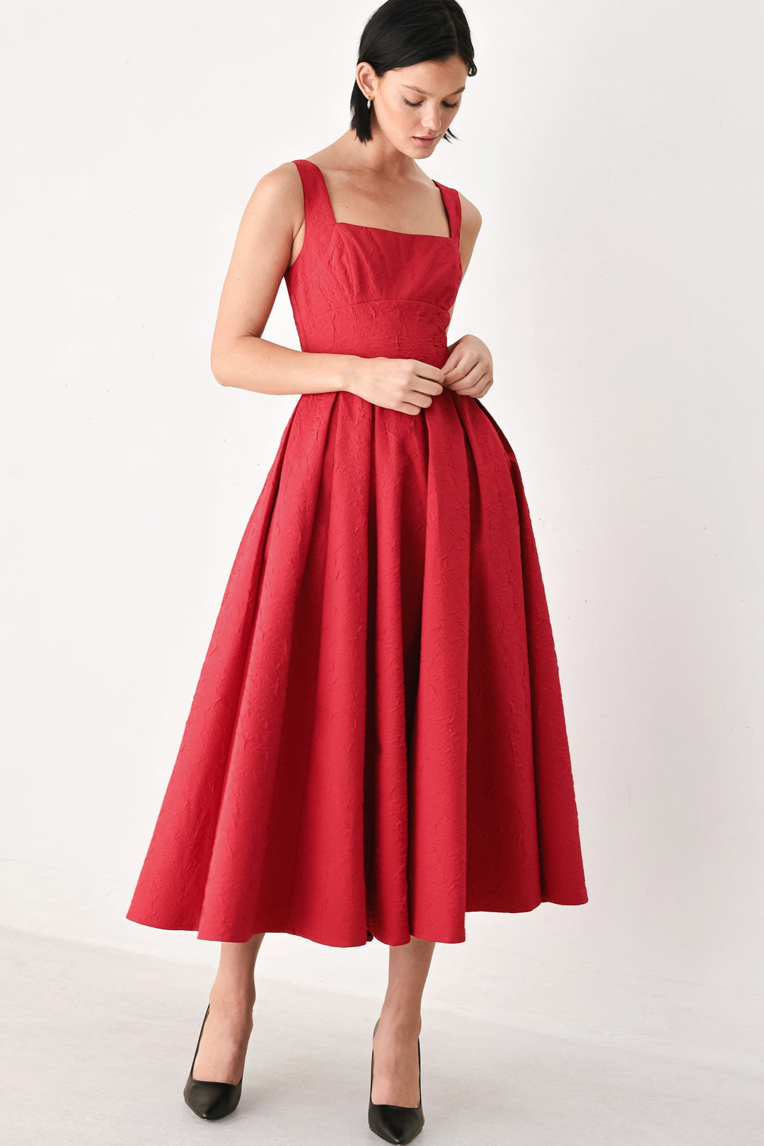 TIMELESS ROMANCE RED/WHITE FULL-SKIRT MIDI DRESS