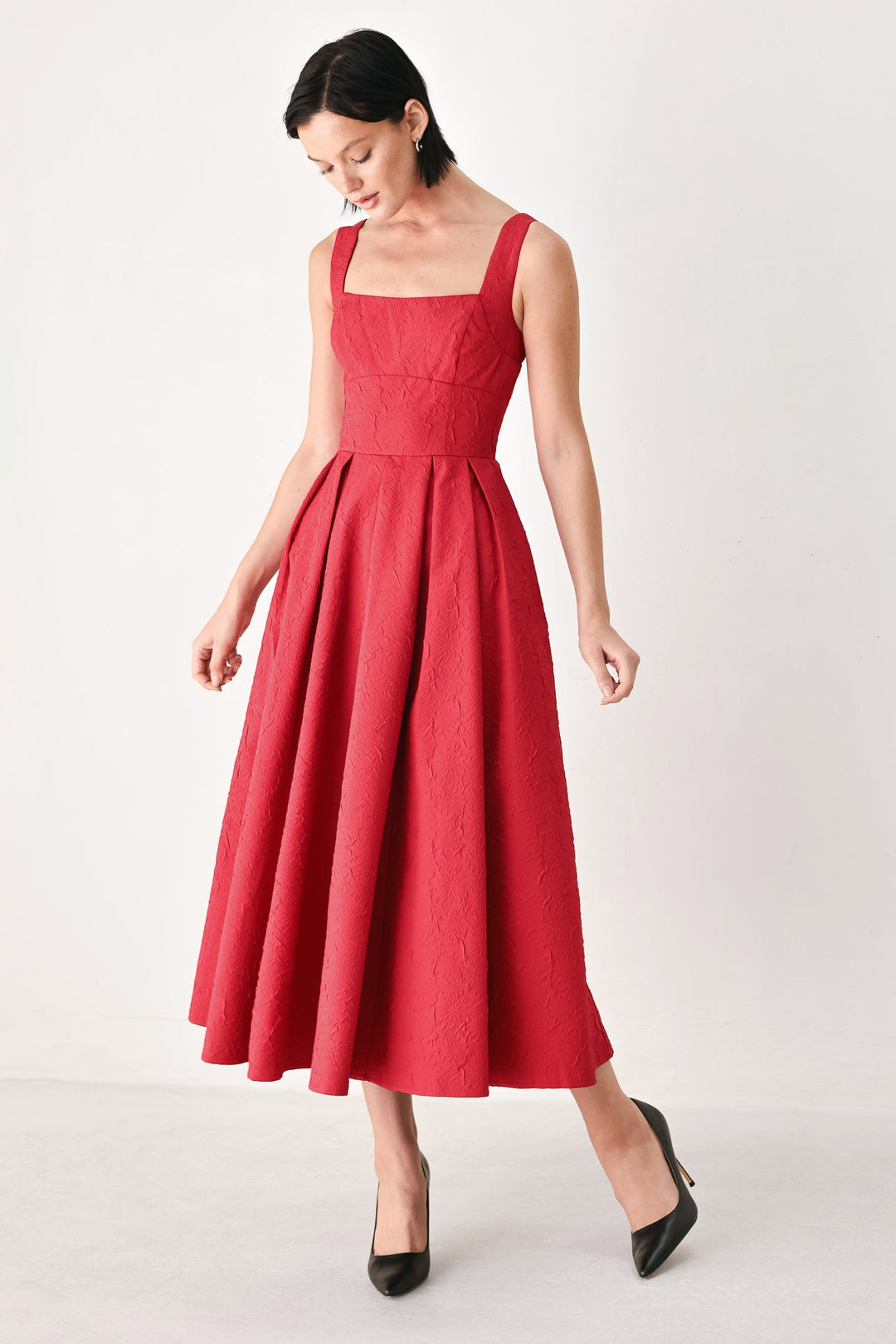 TIMELESS ROMANCE RED/WHITE FULL-SKIRT MIDI DRESS